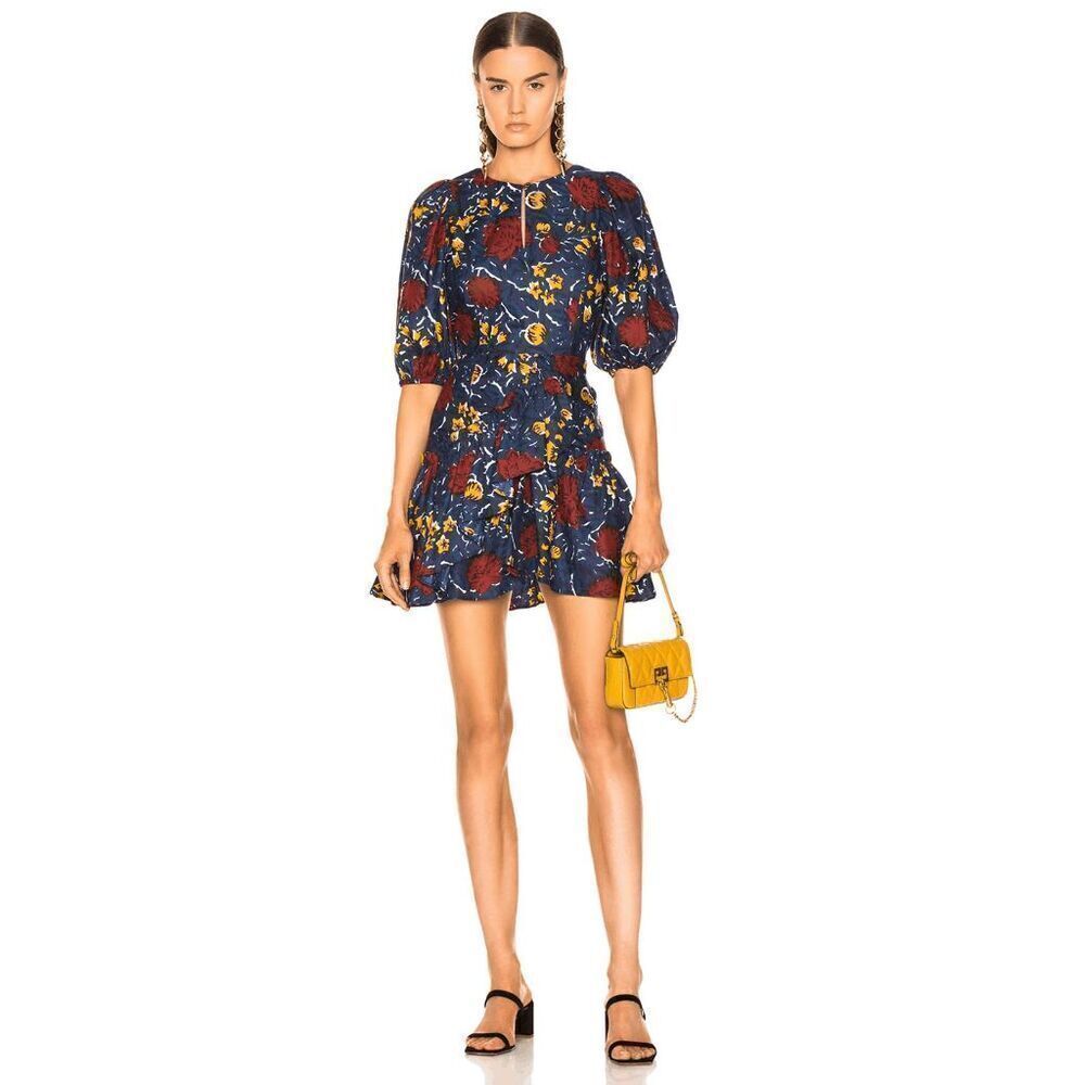 Sea New York Navy Blue Floral Short Sleeve Ruffle Mini Dress Women's Size 2